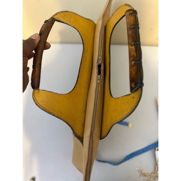 Vintage Leather Bag Crochet Top Handle Clutch Handmade - Picture 8 of 9